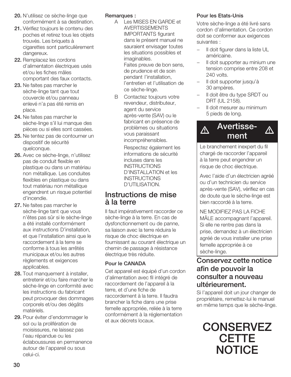 Conservez cette notice, Avertisseć ment, Instructions de mise à la terre | Bosch BOSCH Dryer User Manual | Page 32 / 86