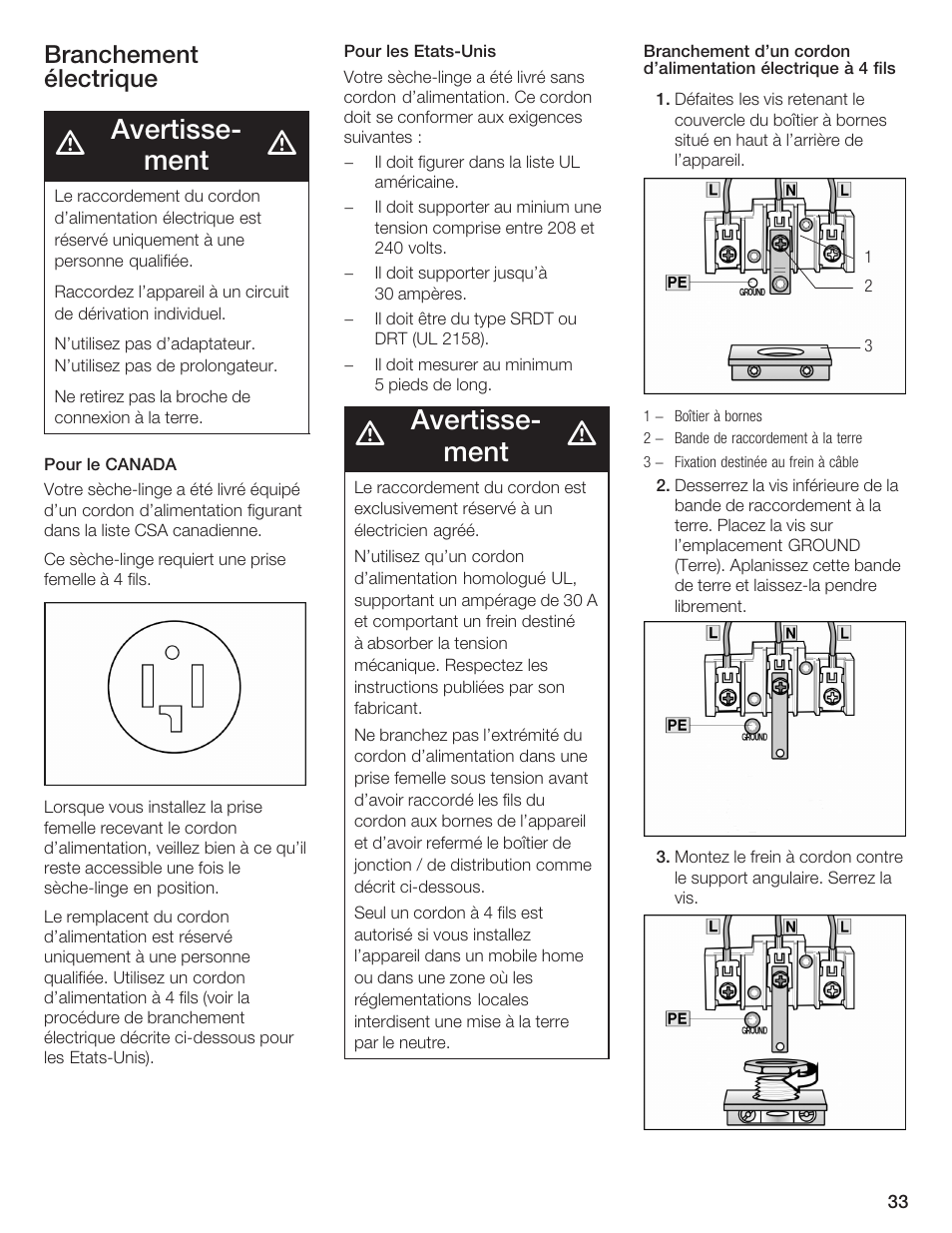 Avertisseć ment, Branchement électrique | Bosch BOSCH Dryer User Manual | Page 35 / 86