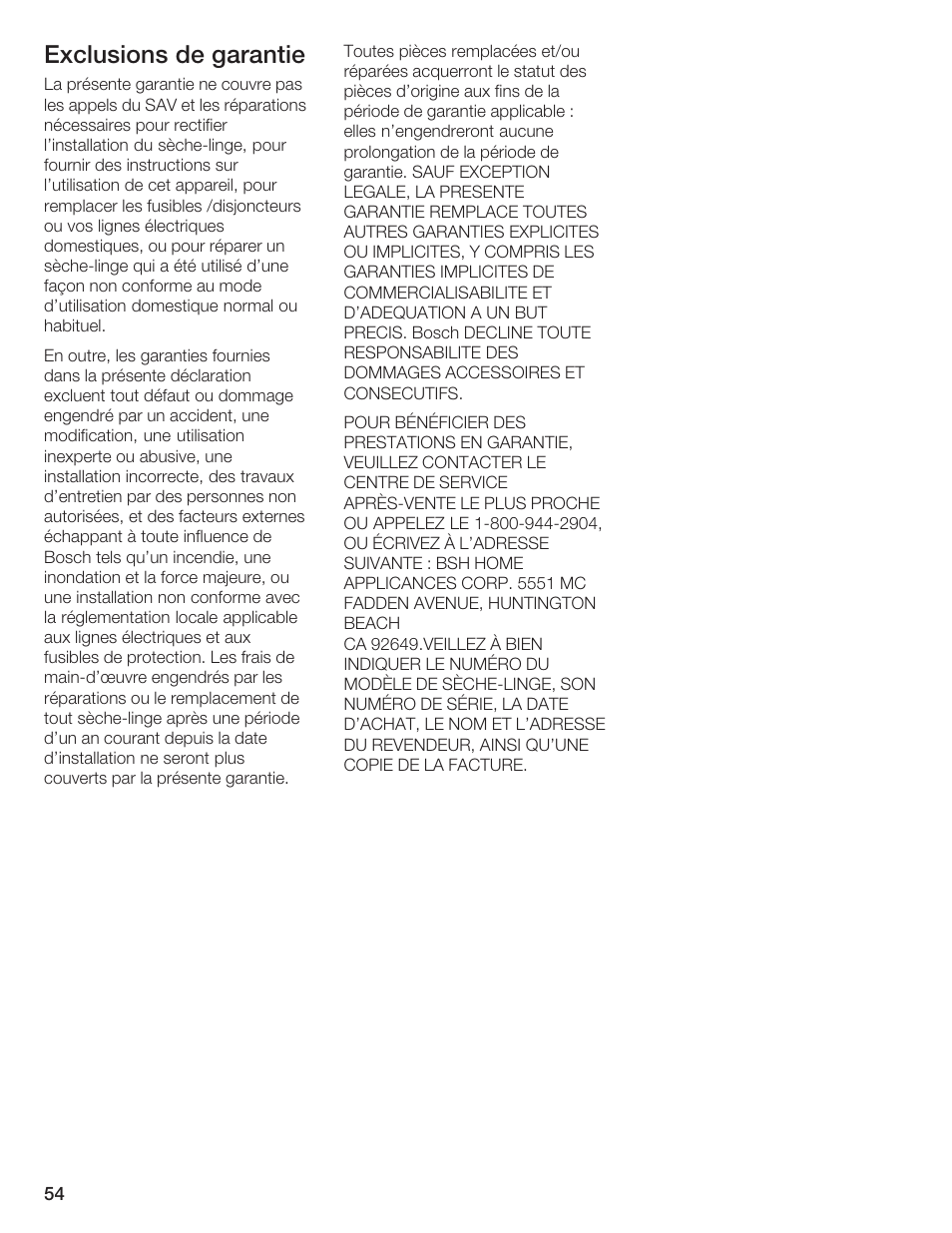Exclusions de garantie | Bosch BOSCH Dryer User Manual | Page 58 / 86