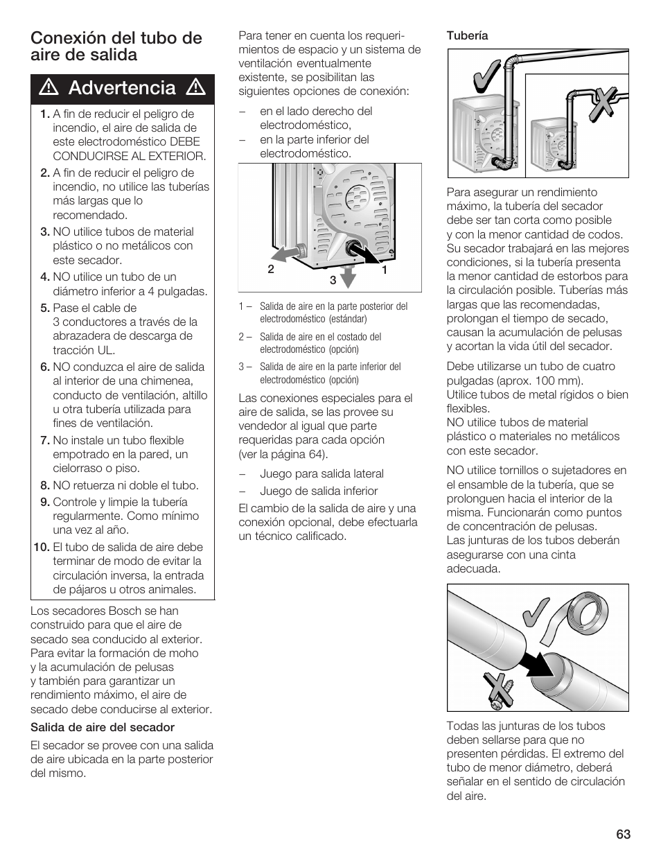 Advertencia, Conexión del tubo de aire de salida | Bosch BOSCH Dryer User Manual | Page 67 / 86