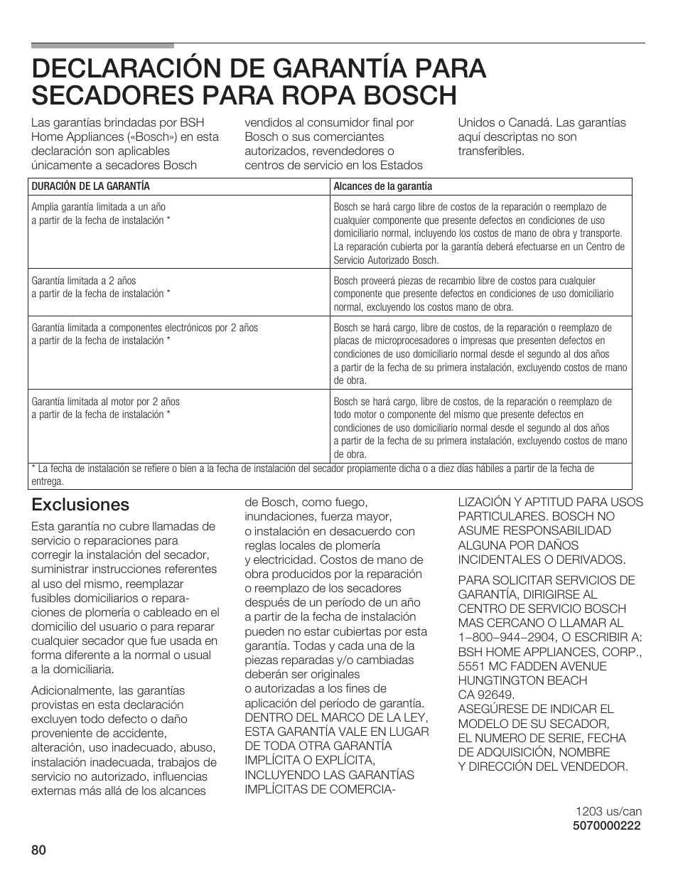 Exclusiones | Bosch BOSCH Dryer User Manual | Page 86 / 86