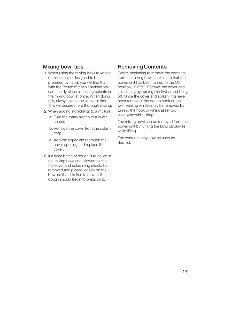 Mixing bowl tips, Removing contents | Bosch MUM6N10UC User Manual | Page 17 / 84