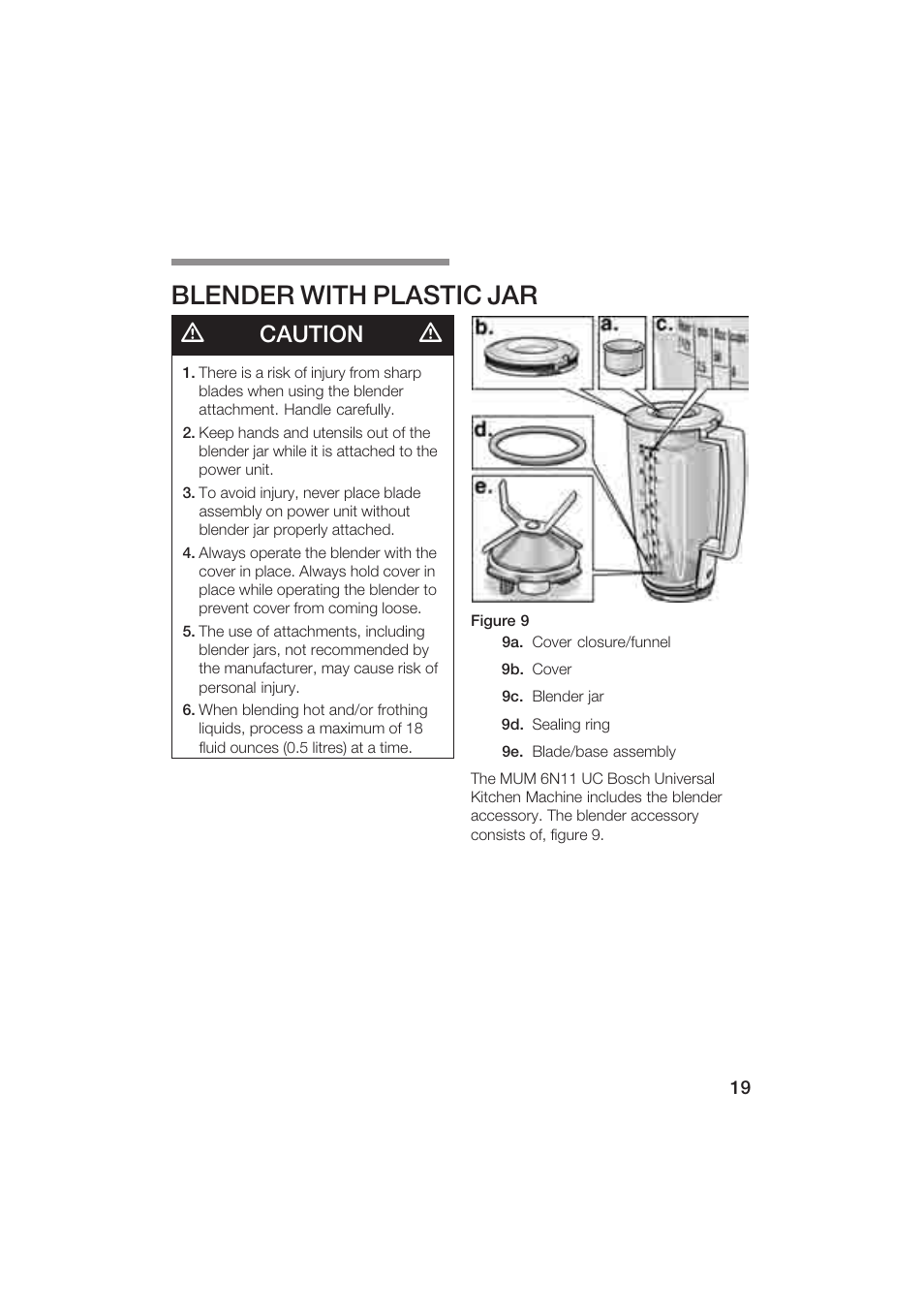 Blender with plastic jar, Caution | Bosch MUM6N10UC User Manual | Page 19 / 84