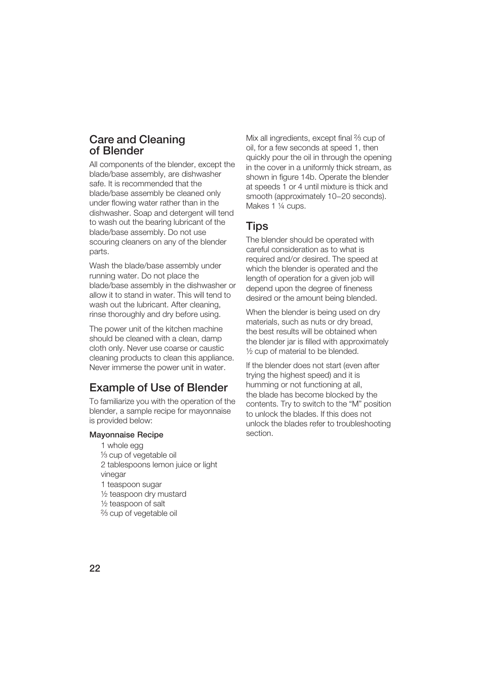 Care and cleaning of blender, Example of use of blender, Tips | Bosch MUM6N10UC User Manual | Page 22 / 84