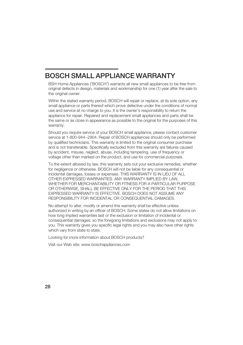 Bosch small appliance warranty | Bosch MUM6N10UC User Manual | Page 28 / 84