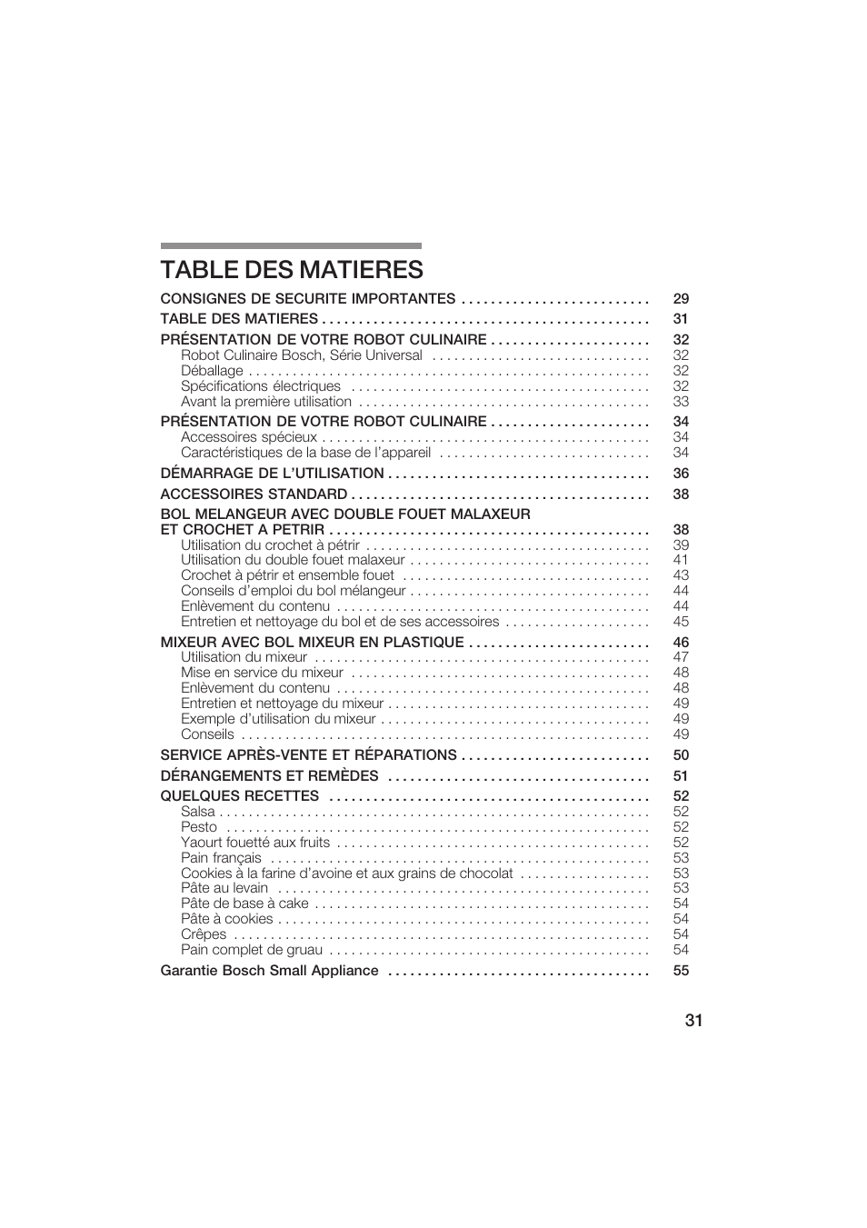 Table des matieres | Bosch MUM6N10UC User Manual | Page 31 / 84