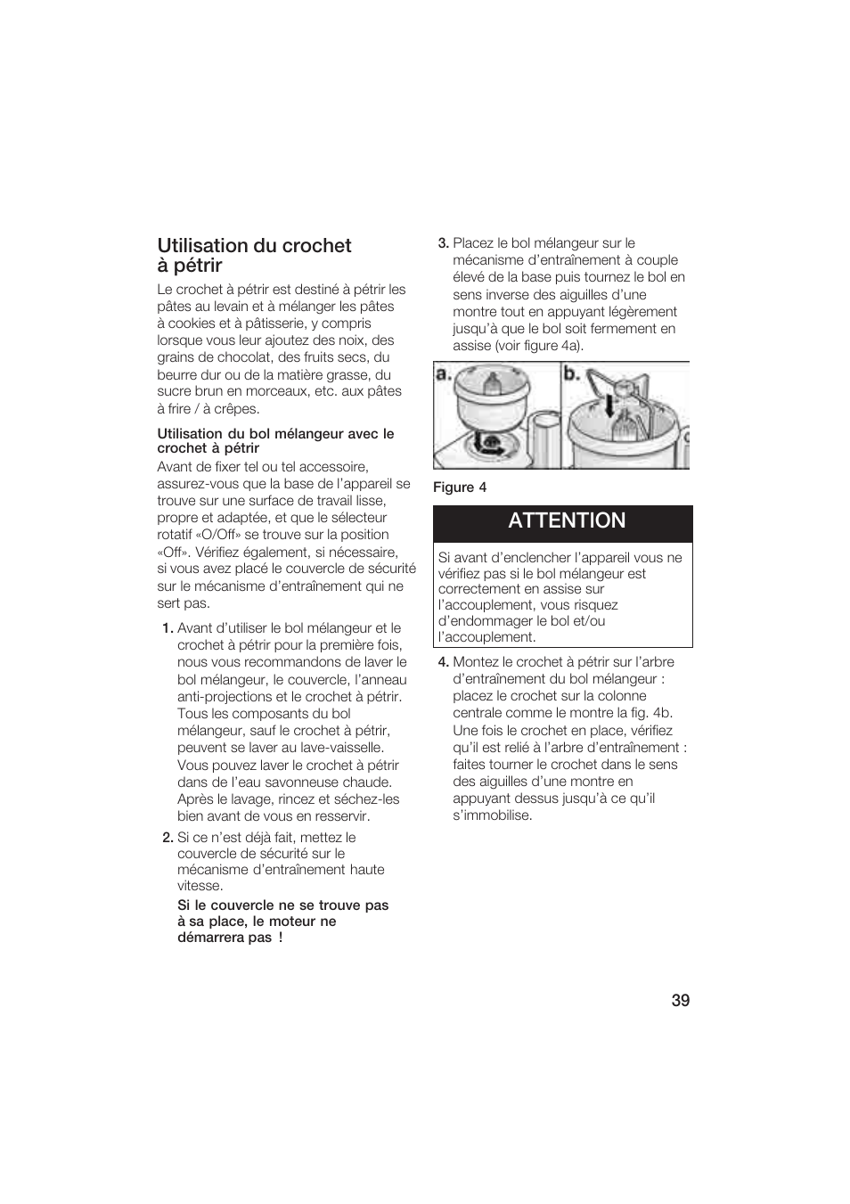 Attention, Utilisation du crochet à pétrir | Bosch MUM6N10UC User Manual | Page 39 / 84