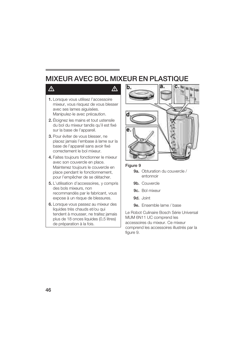 Mixeur avec bol mixeur en plastique, Avertissement | Bosch MUM6N10UC User Manual | Page 46 / 84