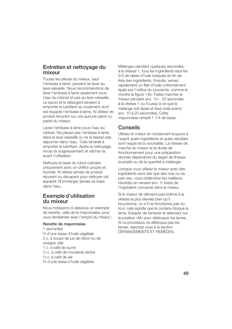 Entretien et nettoyage du mixeur, Exemple d'utilisation du mixeur, Conseils | Bosch MUM6N10UC User Manual | Page 49 / 84