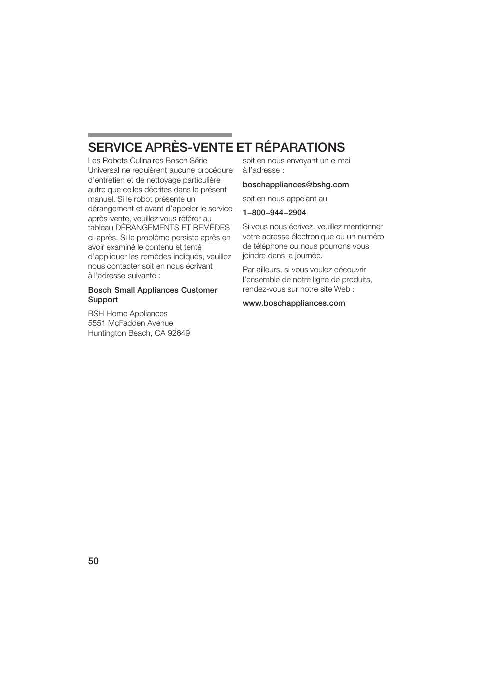 Service aprèsćvente et réparations | Bosch MUM6N10UC User Manual | Page 50 / 84