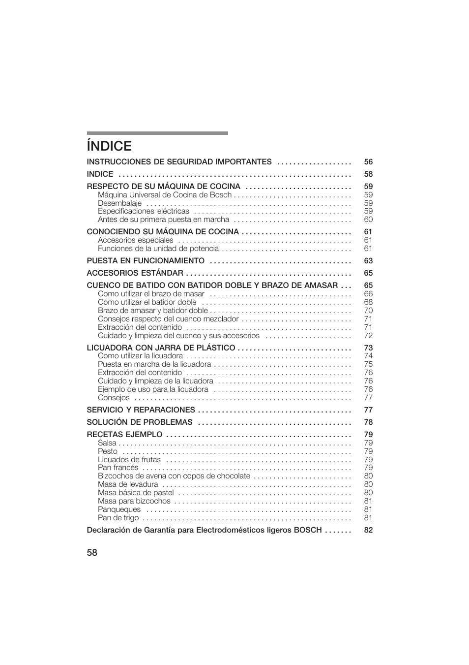 Índice | Bosch MUM6N10UC User Manual | Page 58 / 84