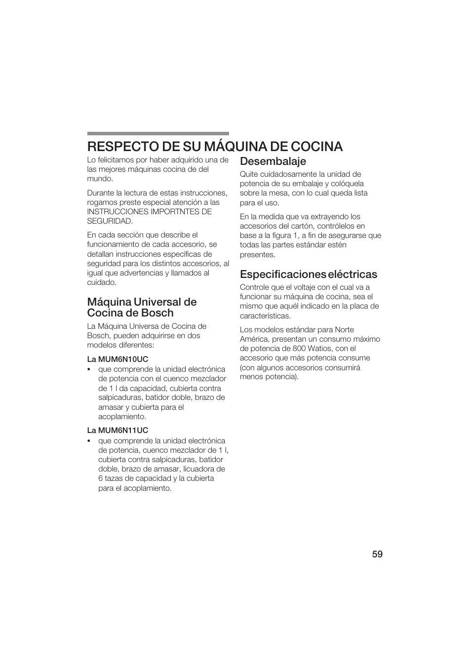 Respecto de su máquina de cocina, Máquina universal de cocina de bosch, Desembalaje | Especificaciones eléctricas | Bosch MUM6N10UC User Manual | Page 59 / 84