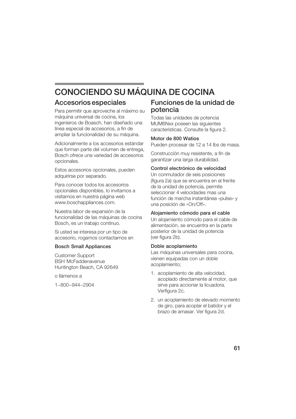 Conociendo su máquina de cocina, Accesorios especiales, Funciones de la unidad de potencia | Bosch MUM6N10UC User Manual | Page 61 / 84