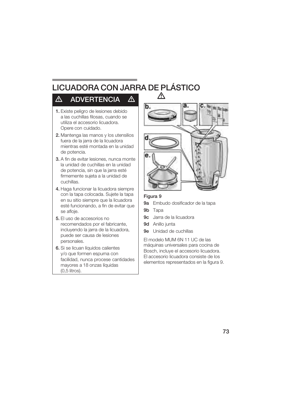 Licuadora con jarra de plástico, Advertencia | Bosch MUM6N10UC User Manual | Page 73 / 84