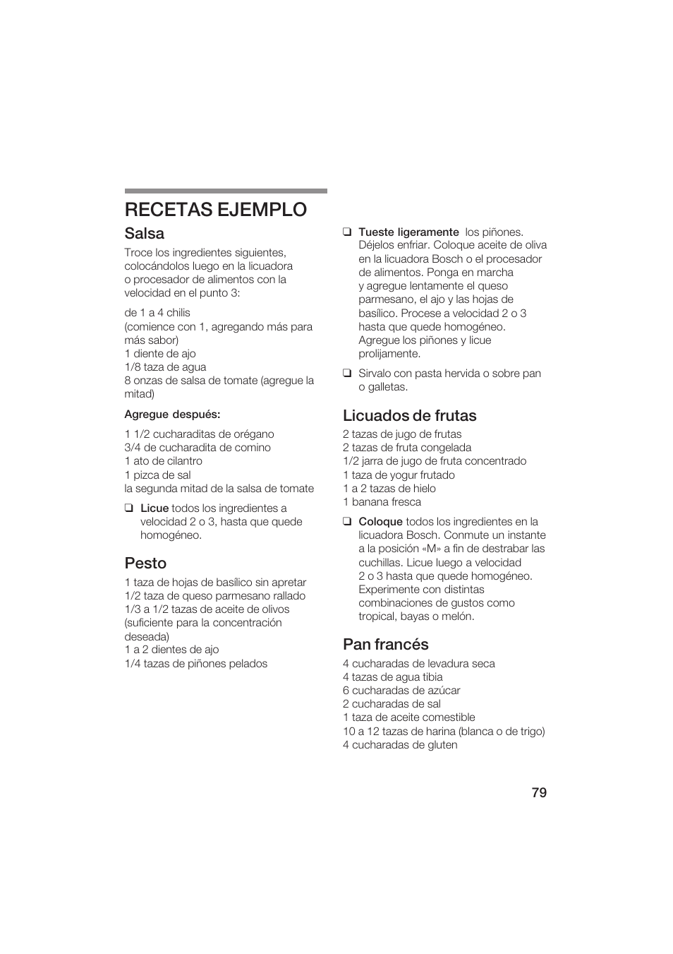 Recetas ejemplo, Salsa, Pesto | Licuados de frutas, Pan francés | Bosch MUM6N10UC User Manual | Page 79 / 84