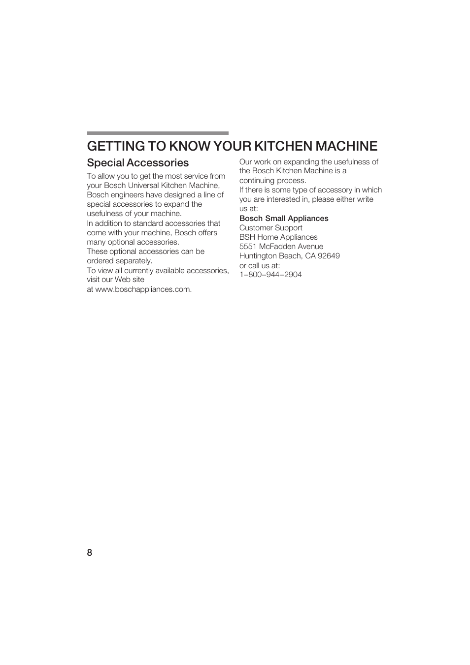 Getting to know your kitchen machine, Special accessories | Bosch MUM6N10UC User Manual | Page 8 / 84