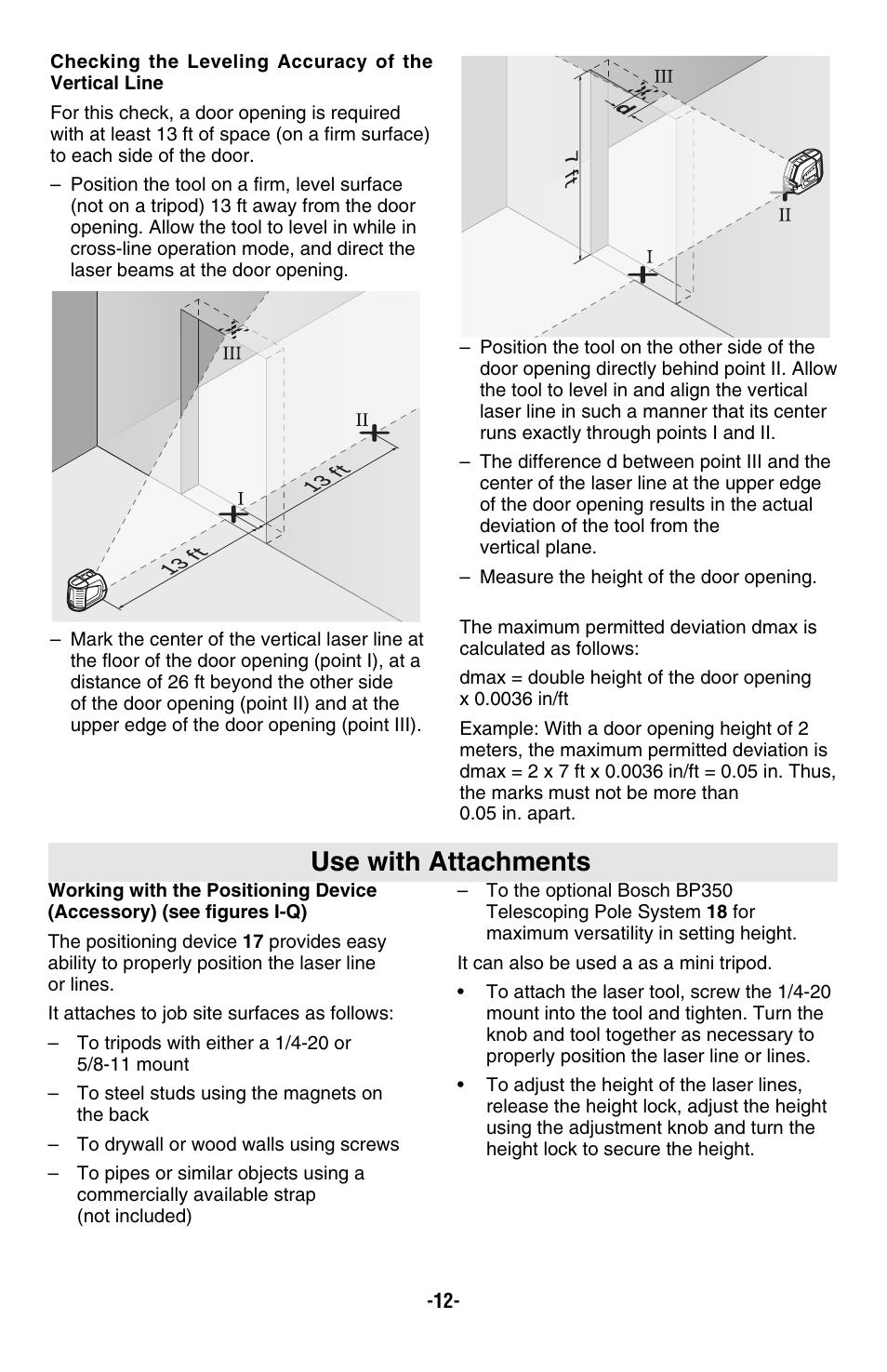Use with attachments | Bosch GLL2-50 User Manual | Page 12 / 32