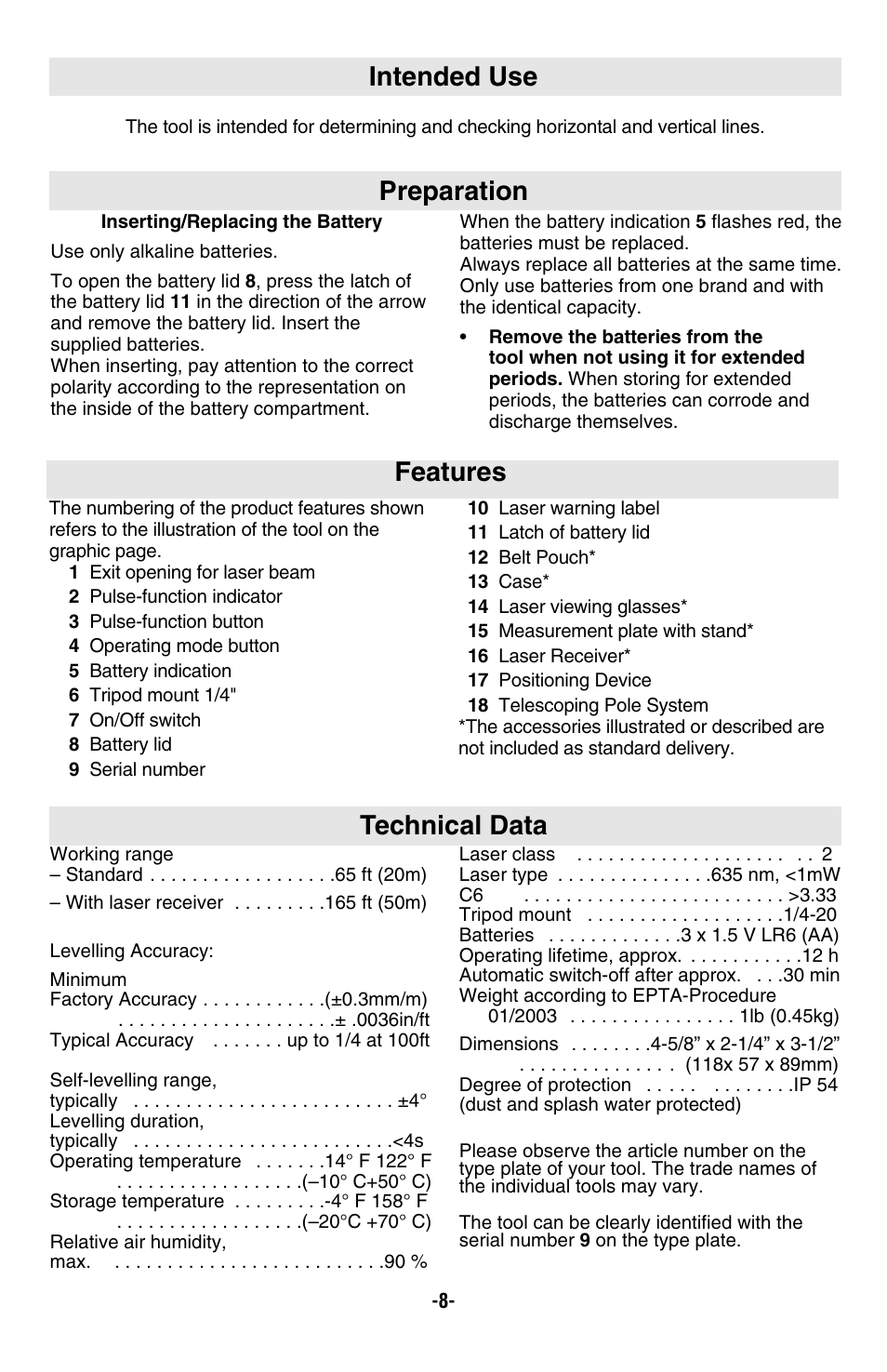 Features, Technical data preparation, Intended use | Bosch GLL2-50 User Manual | Page 8 / 32