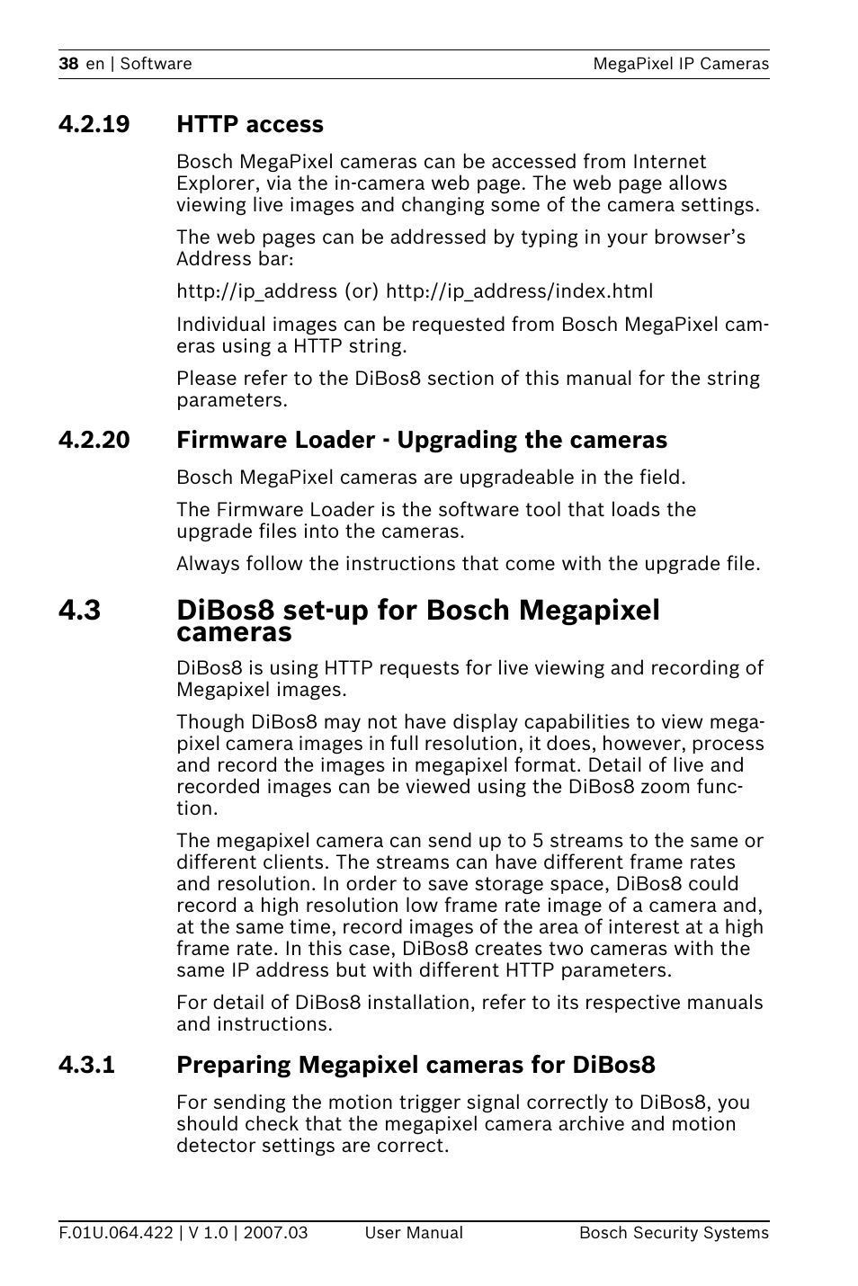 3 dibos8 set-up for bosch megapixel cameras, 20 firmware loader - upgrading the cameras, 1 preparing megapixel cameras for dibos8 | Bosch MegaPixel IP Camera NWC-0900 User Manual | Page 40 / 46