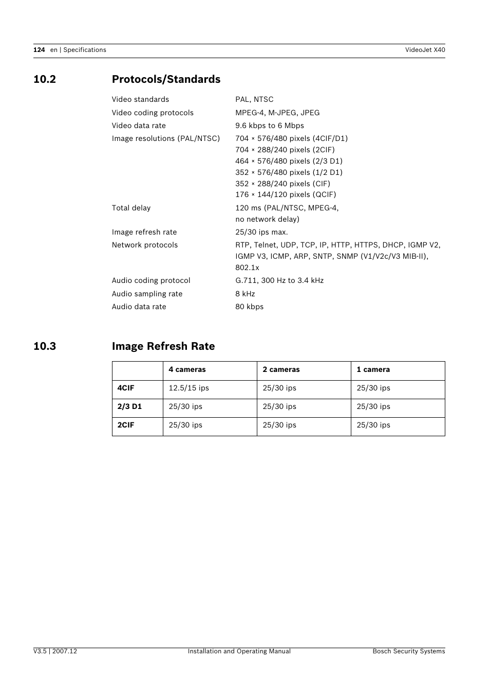 2 protocols/standards, 3 image refresh rate, Protocols/standards | Image refresh rate, 2 protocols/standards 10.3 image refresh rate | Bosch VIDEOJET X40 User Manual | Page 124 / 130