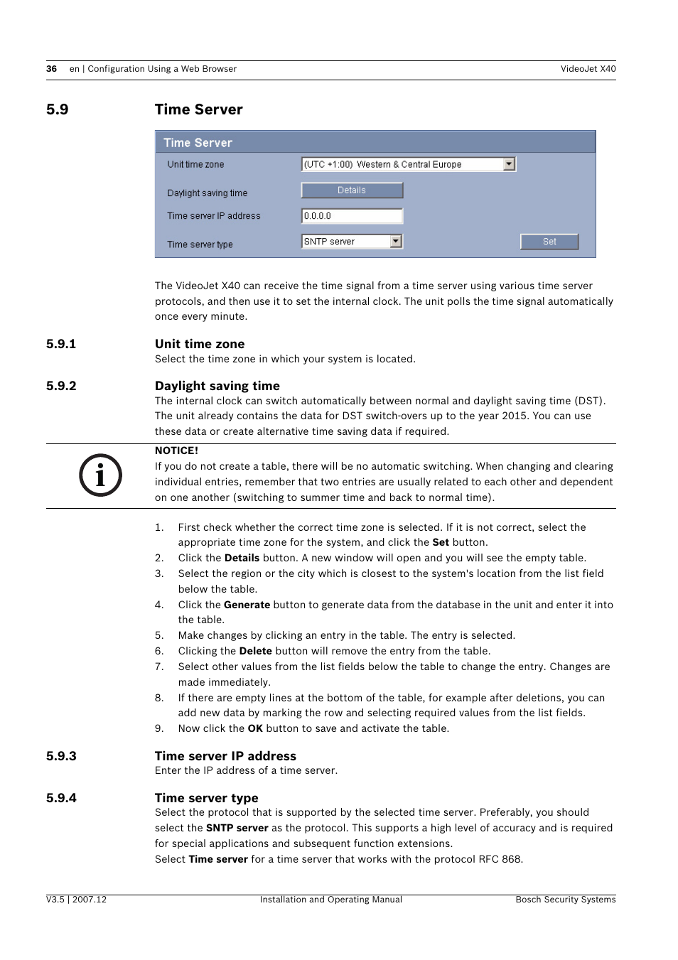9 time server, Time server | Bosch VIDEOJET X40 User Manual | Page 36 / 130