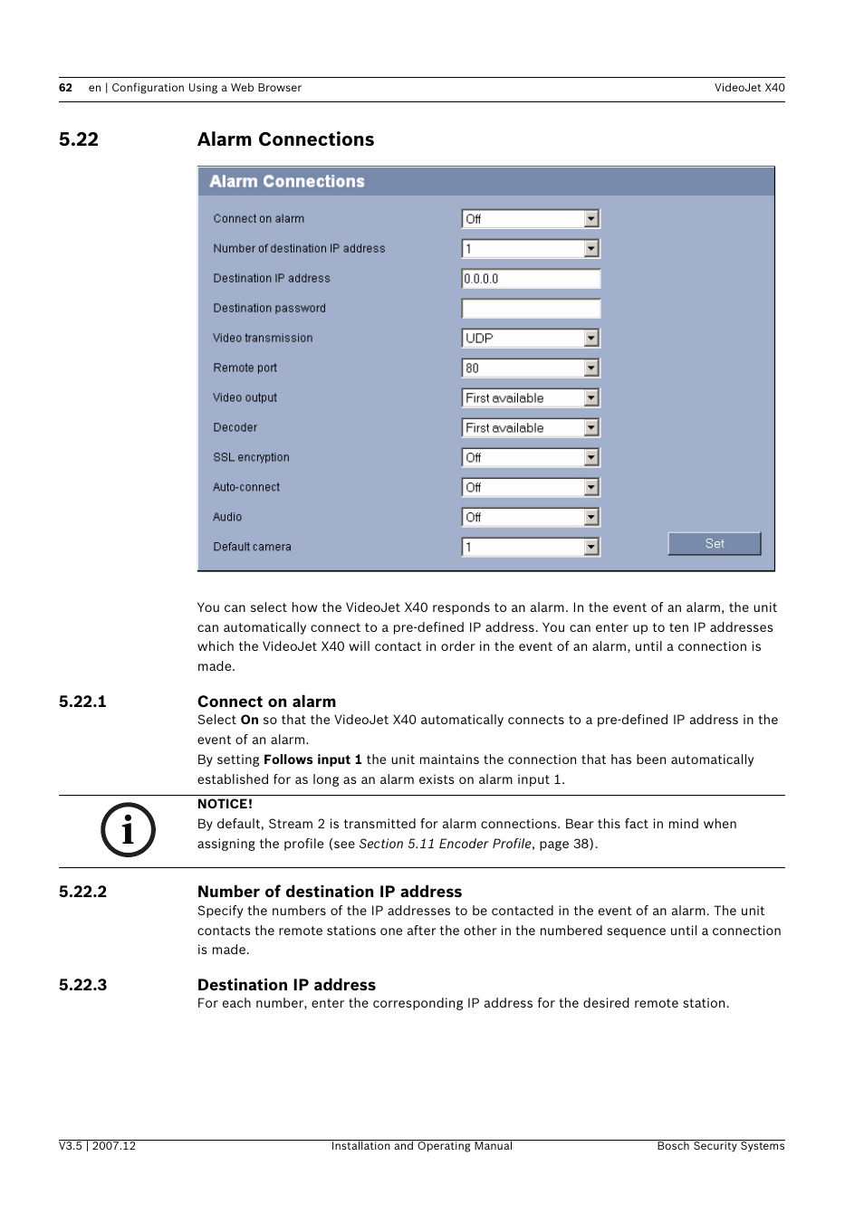 22 alarm connections, Alarm connections | Bosch VIDEOJET X40 User Manual | Page 62 / 130