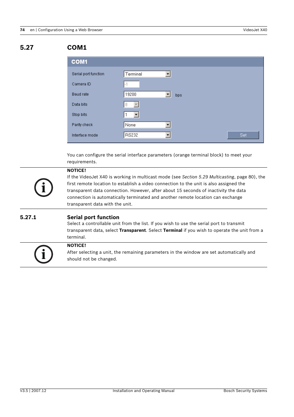27 com1, Com1 | Bosch VIDEOJET X40 User Manual | Page 74 / 130