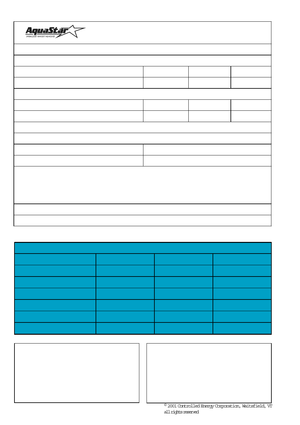 Installation checklist, Gas line size, Minimum vent size* and height | Water pressure, Controlled energy corp | Bosch AQUASTAR 125B LPL User Manual | Page 16 / 16