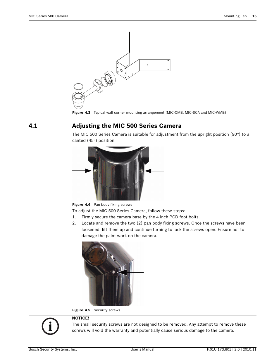 1 adjusting the mic 500 series camera | Bosch 500 User Manual | Page 15 / 56