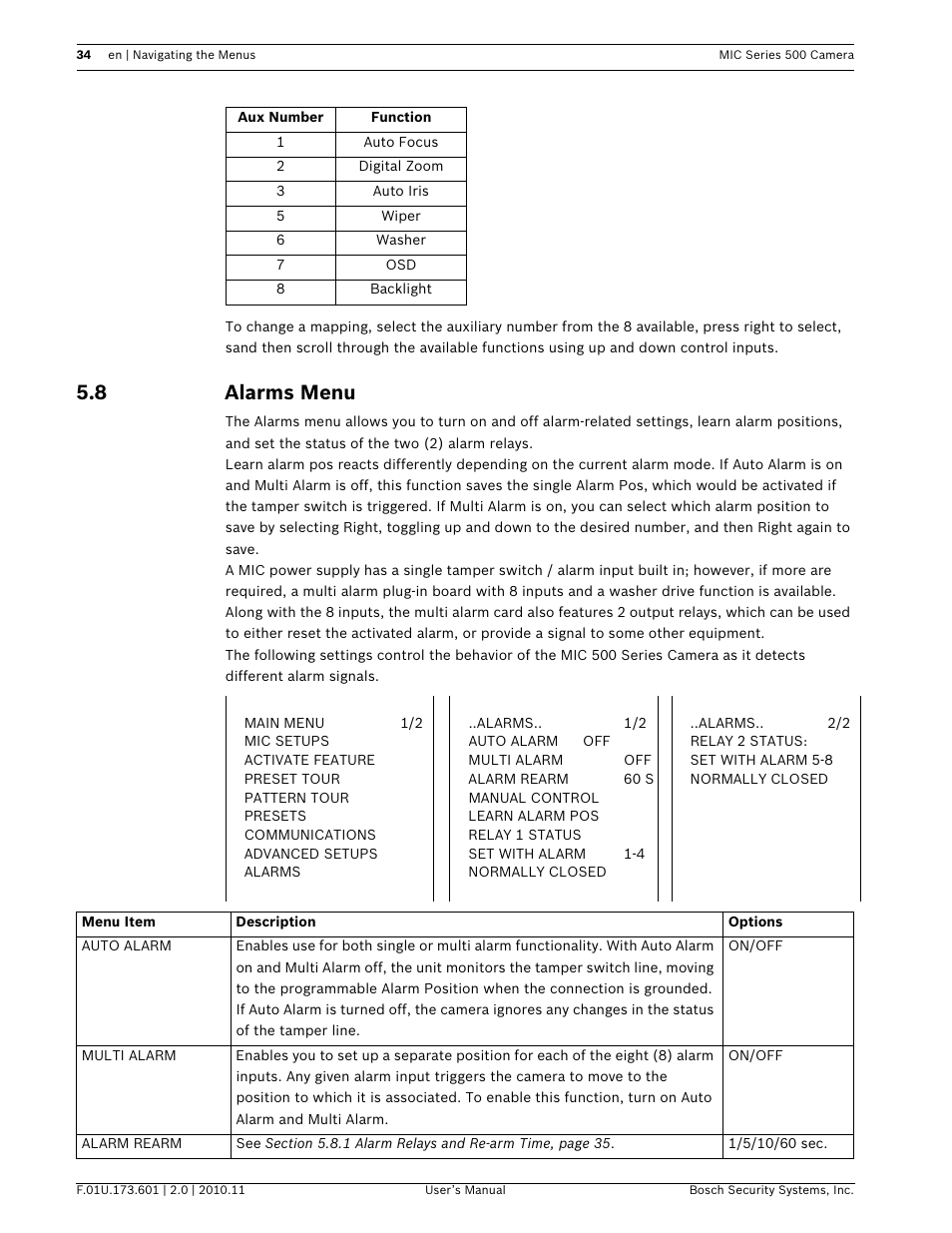 8 alarms menu | Bosch 500 User Manual | Page 34 / 56