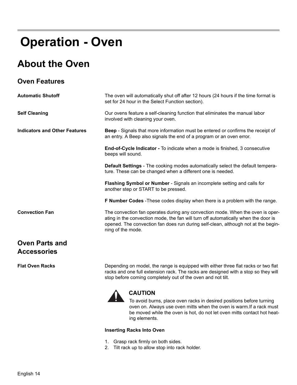 Operation - oven, About the oven, Oven features | Automatic shutoff, Self cleaning, Indicators and other features, Convection fan, Oven parts and accessories, Flat oven racks, Grasp rack firmly on both sides | Bosch ELECTRIC FREE-STANDING CONVECTION RANGE User Manual | Page 16 / 120