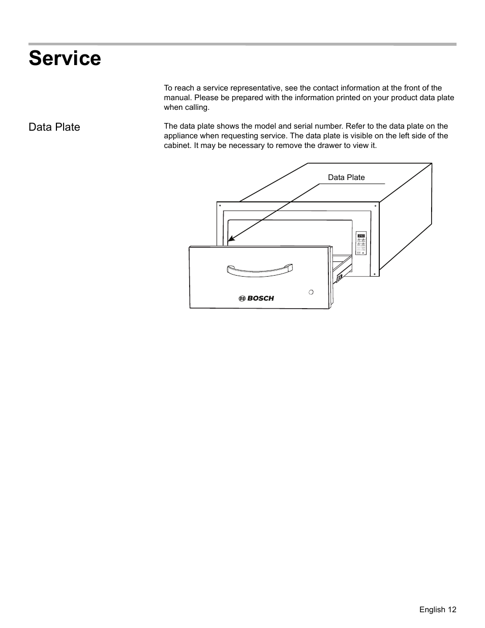 Service, Data plate, English 12 | Bosch HWD27 User Manual | Page 15 / 56