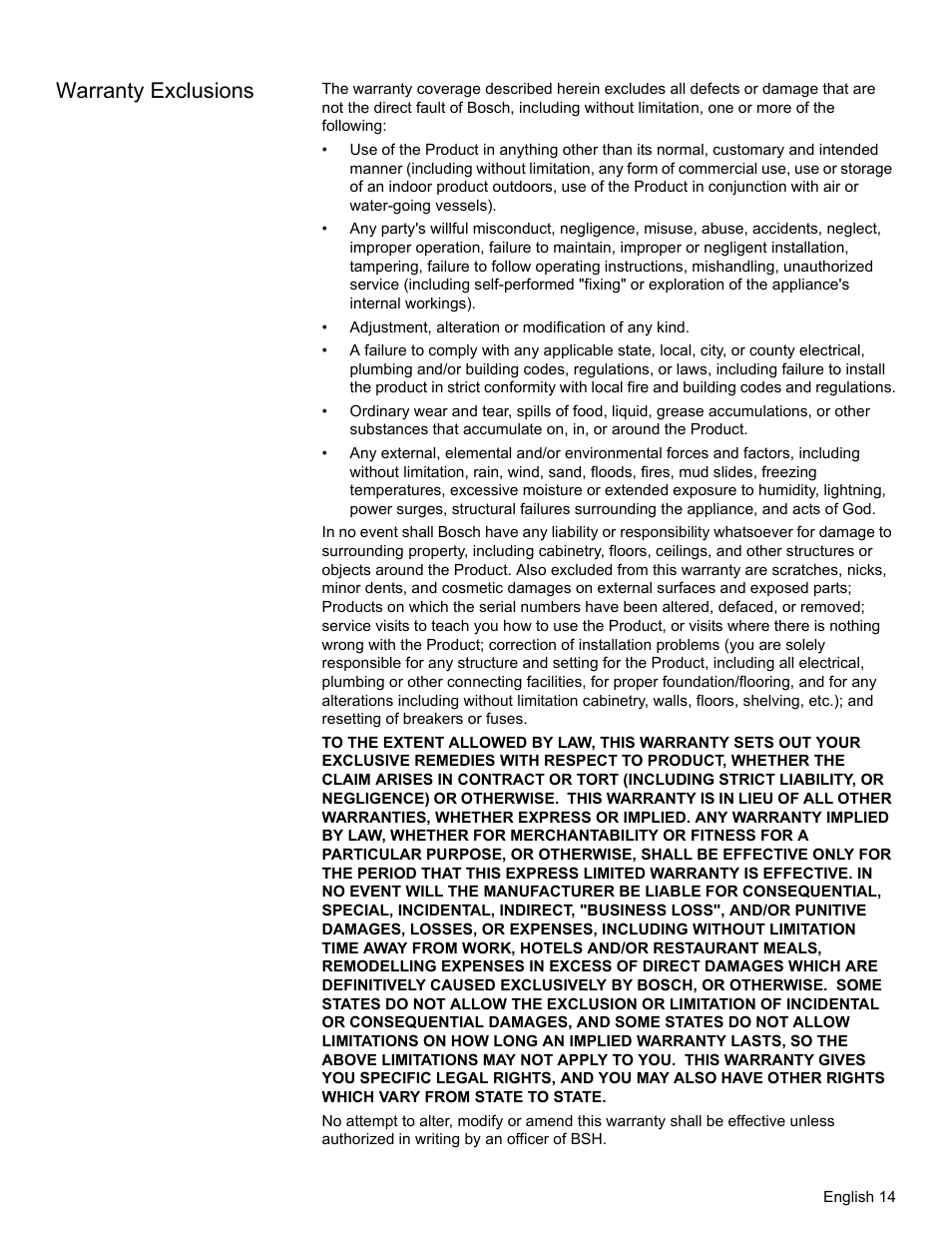 Warranty exclusions | Bosch HWD27 User Manual | Page 17 / 56