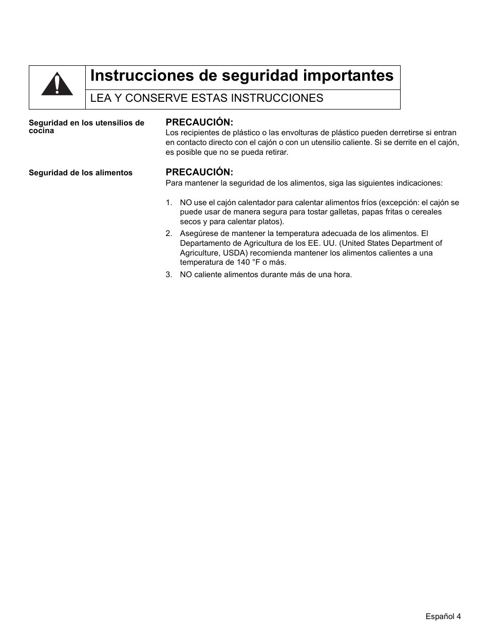 Lea y conserve estas instrucciones, Seguridad en los utensilios de cocina, Seguridad de los alimentos | No caliente alimentos durante más de una hora, Instrucciones de seguridad importantes | Bosch HWD27 User Manual | Page 41 / 56