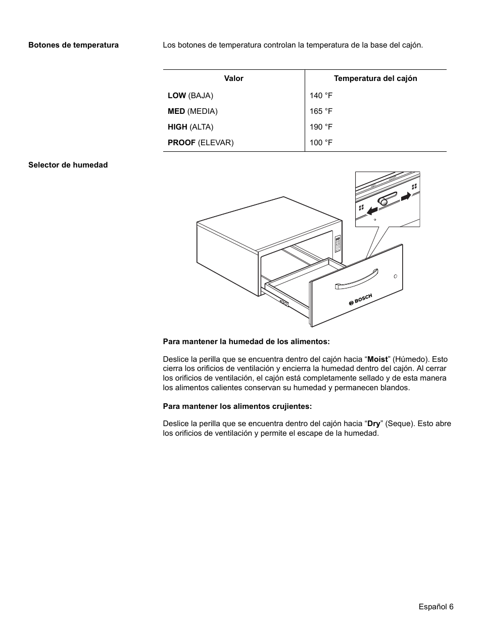 Botones de temperatura, Selector de humedad | Bosch HWD27 User Manual | Page 43 / 56