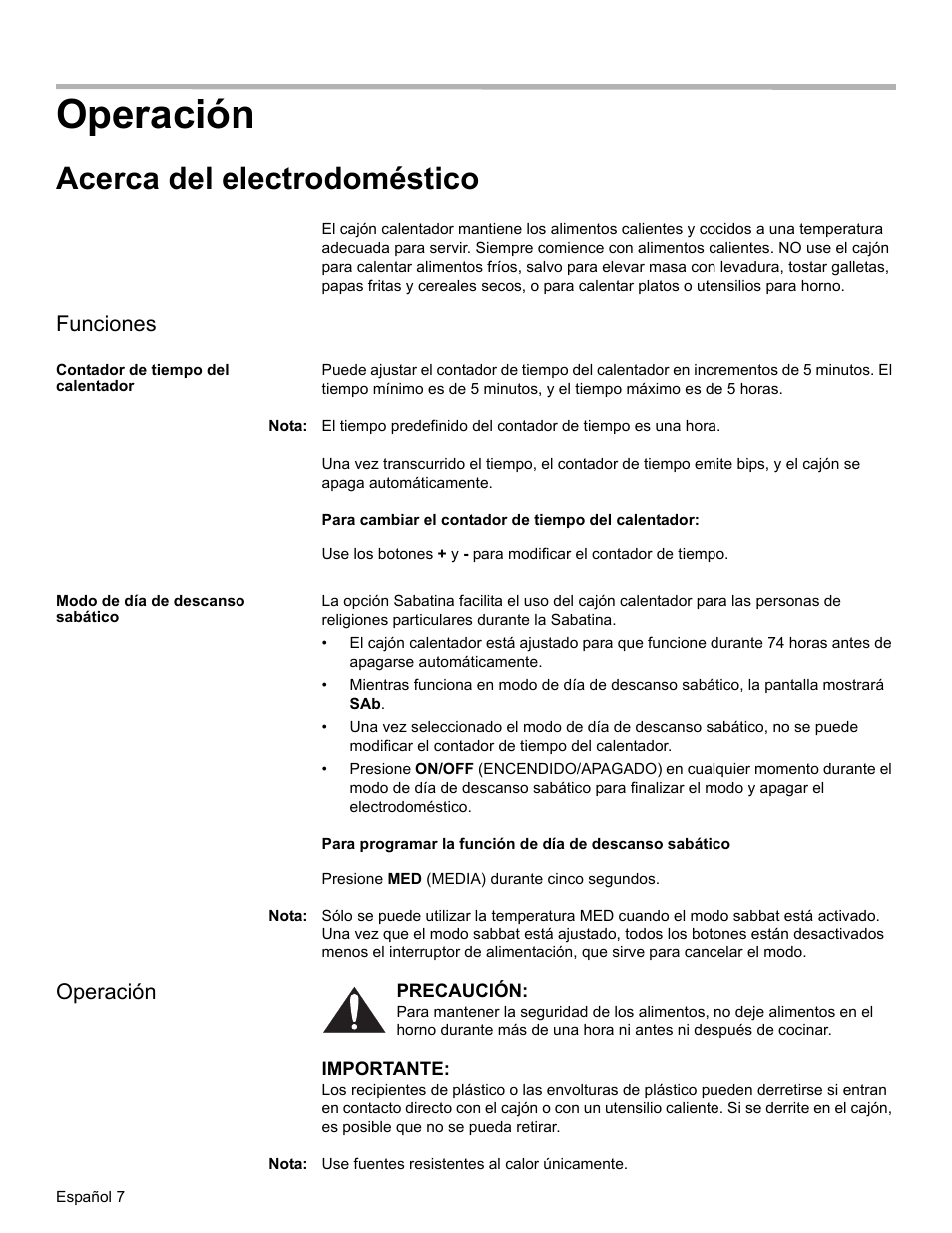 Operación, Acerca del electrodoméstico, Funciones | Contador de tiempo del calentador, Nota, Modo de día de descanso sabático | Bosch HWD27 User Manual | Page 44 / 56