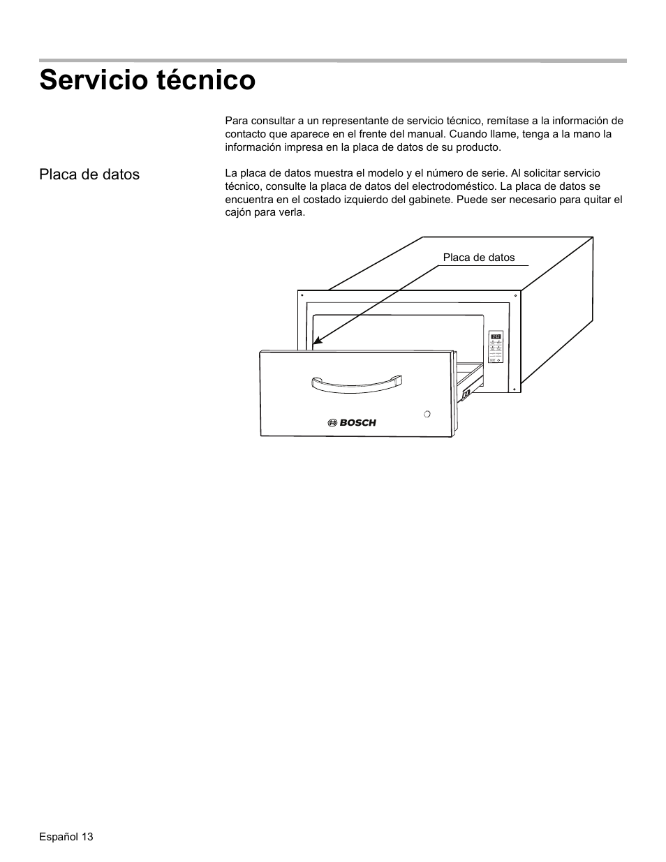 Servicio técnico, Placa de datos, Español 13 | Bosch HWD27 User Manual | Page 50 / 56