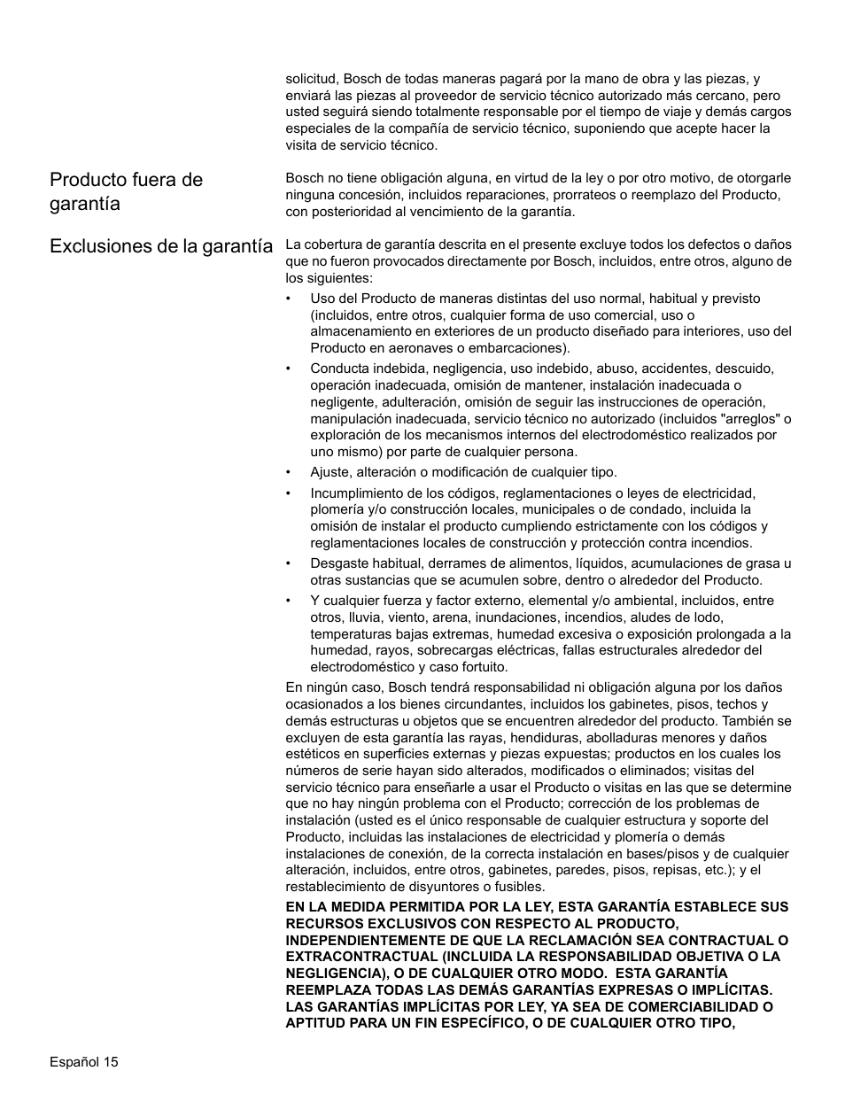 Producto fuera de garantía, Exclusiones de la garantía | Bosch HWD27 User Manual | Page 52 / 56