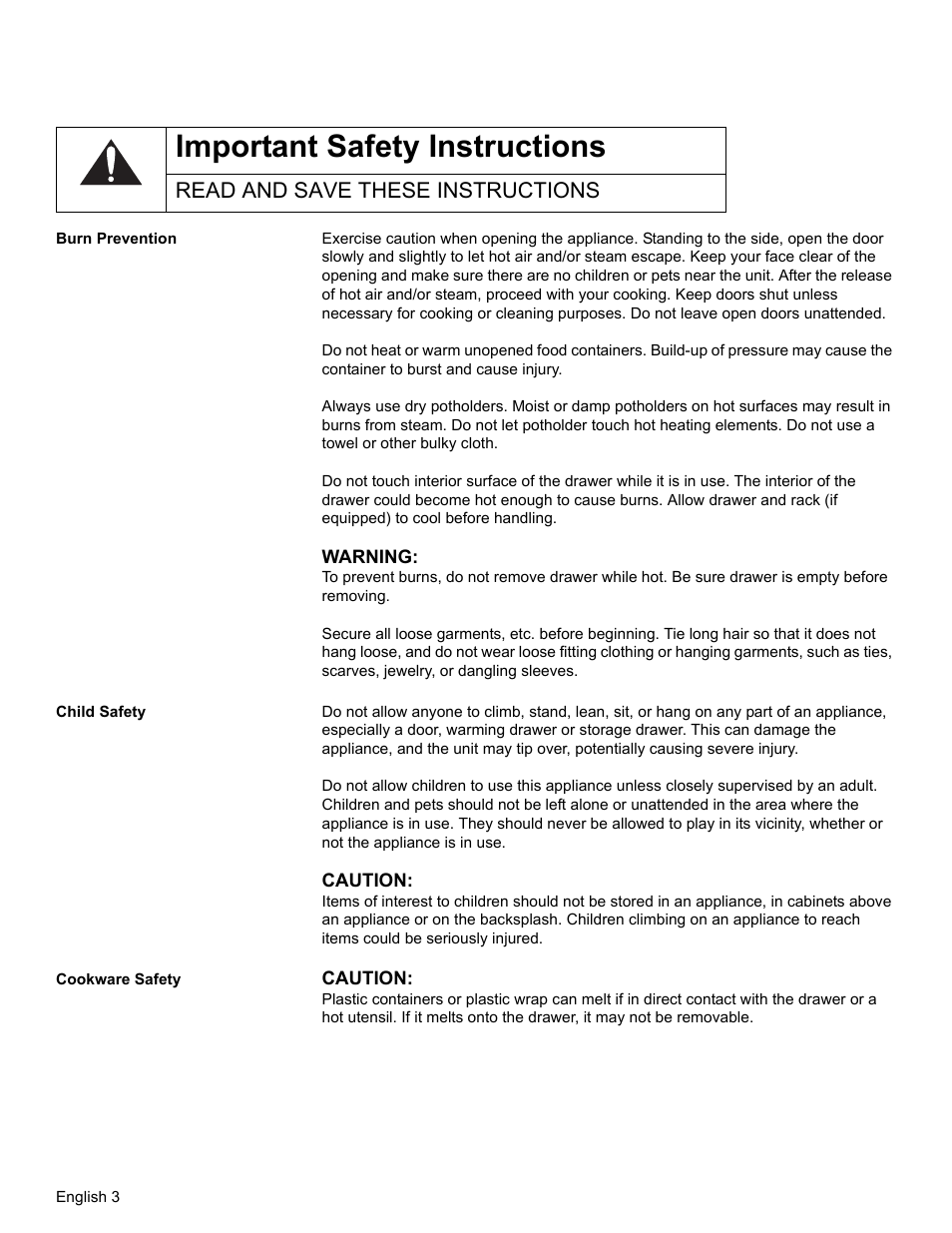 Read and save these instructions, Burn prevention, Child safety | Cookware safety, Important safety instructions | Bosch HWD27 User Manual | Page 6 / 56