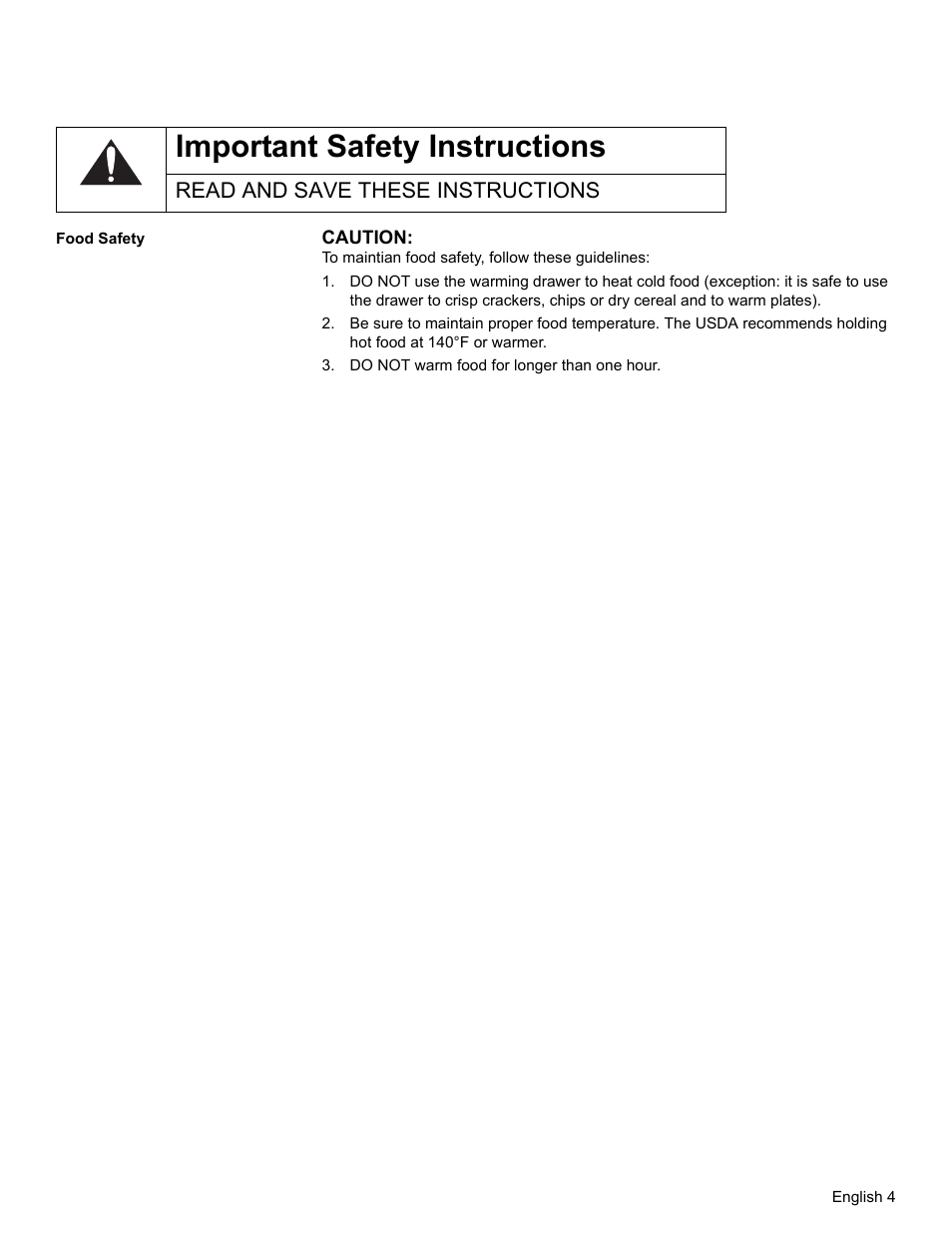Read and save these instructions, Food safety, Do not warm food for longer than one hour | Important safety instructions | Bosch HWD27 User Manual | Page 7 / 56