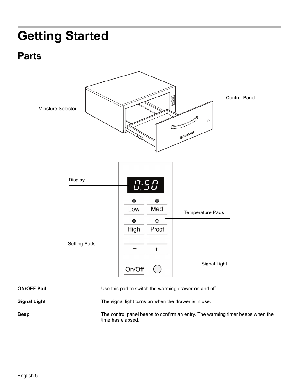 Getting started, Parts, On/off pad | Signal light, Beep | Bosch HWD27 User Manual | Page 8 / 56