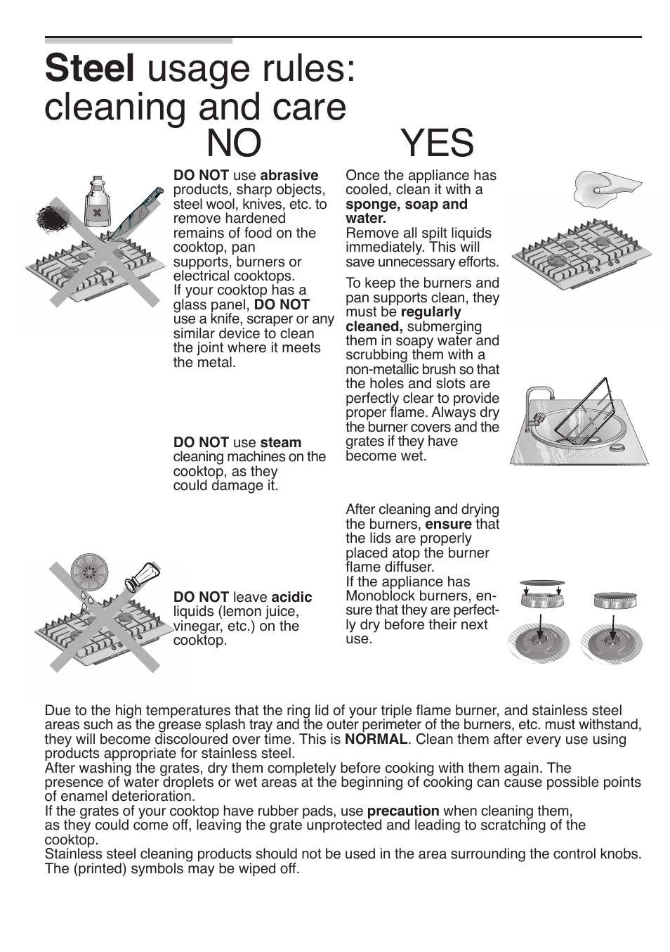 Steel usage rules: cleaning and care, No yes | Bosch 9000095597 B User Manual | Page 15 / 64