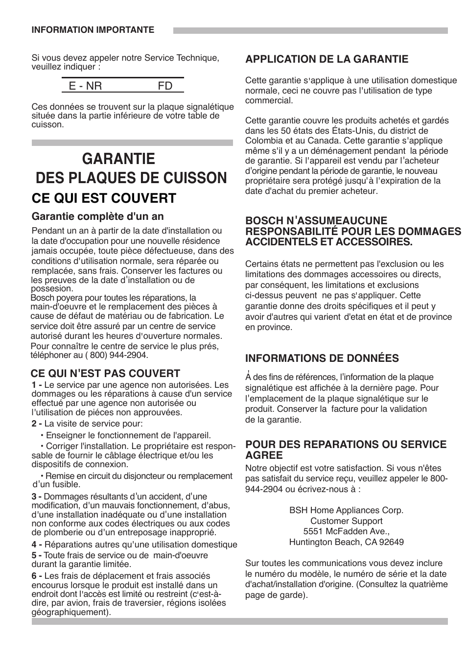 Des plaques de cuisson garantie, Ce qui est couvert | Bosch 9000095597 B User Manual | Page 43 / 64