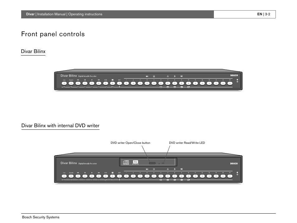 Front panel controls, Divar bilinx divar bilinx with internal dvd writer | Bosch Divar -Digital Versatile Recorder User Manual | Page 20 / 80