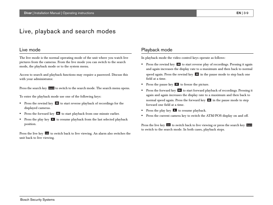 Live, playback and search modes, Live mode, Playback mode | Bosch Divar -Digital Versatile Recorder User Manual | Page 27 / 80