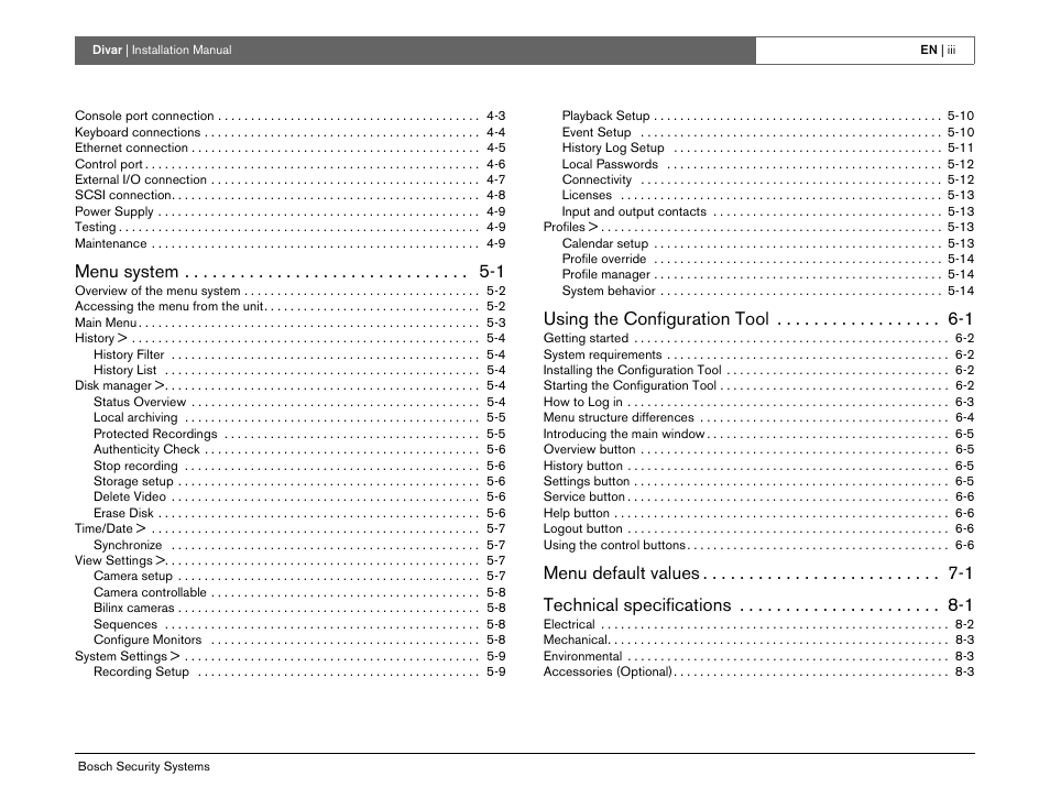 Menu system -1, Using the configuration tool -1, Menu default values -1 technical specifications -1 | Bosch Divar -Digital Versatile Recorder User Manual | Page 5 / 80