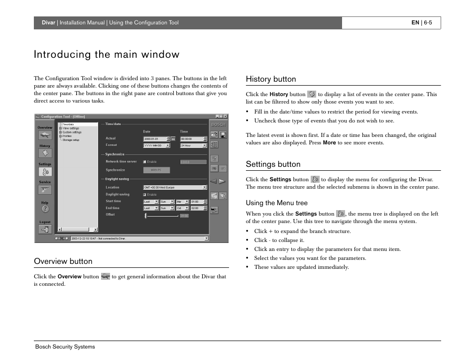 Introducing the main window, Overview button, History button | Settings button | Bosch Divar -Digital Versatile Recorder User Manual | Page 63 / 80
