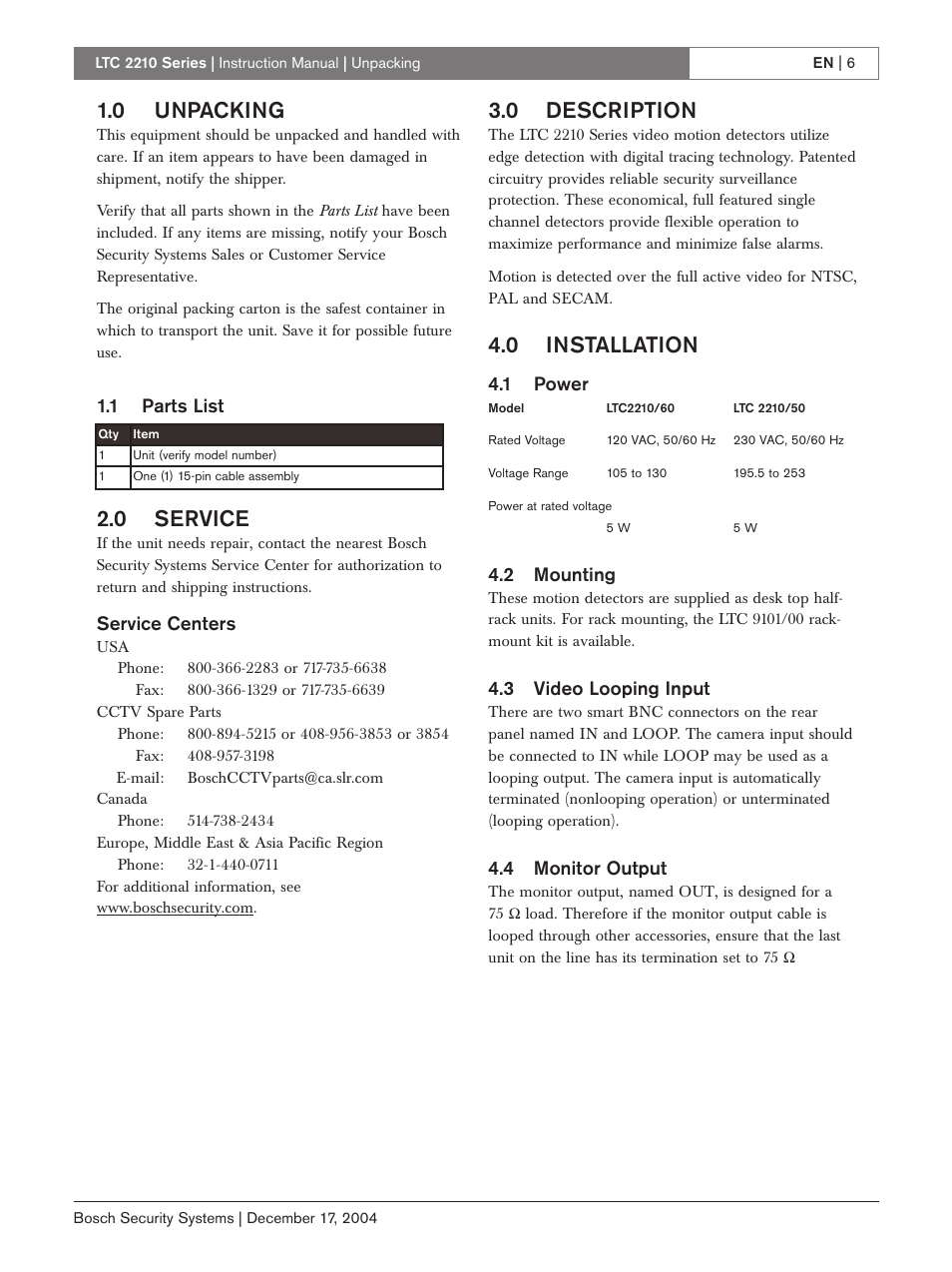 0 unpacking, 0 service, 0 description | 0 installation | Bosch LTC 2210 User Manual | Page 6 / 12