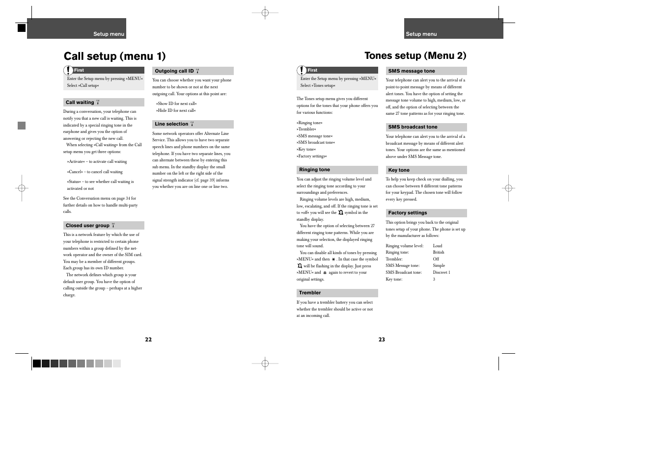 Call setup (menu 1), Tones setup (menu 2) | Bosch GSM 509 User Manual | Page 13 / 22