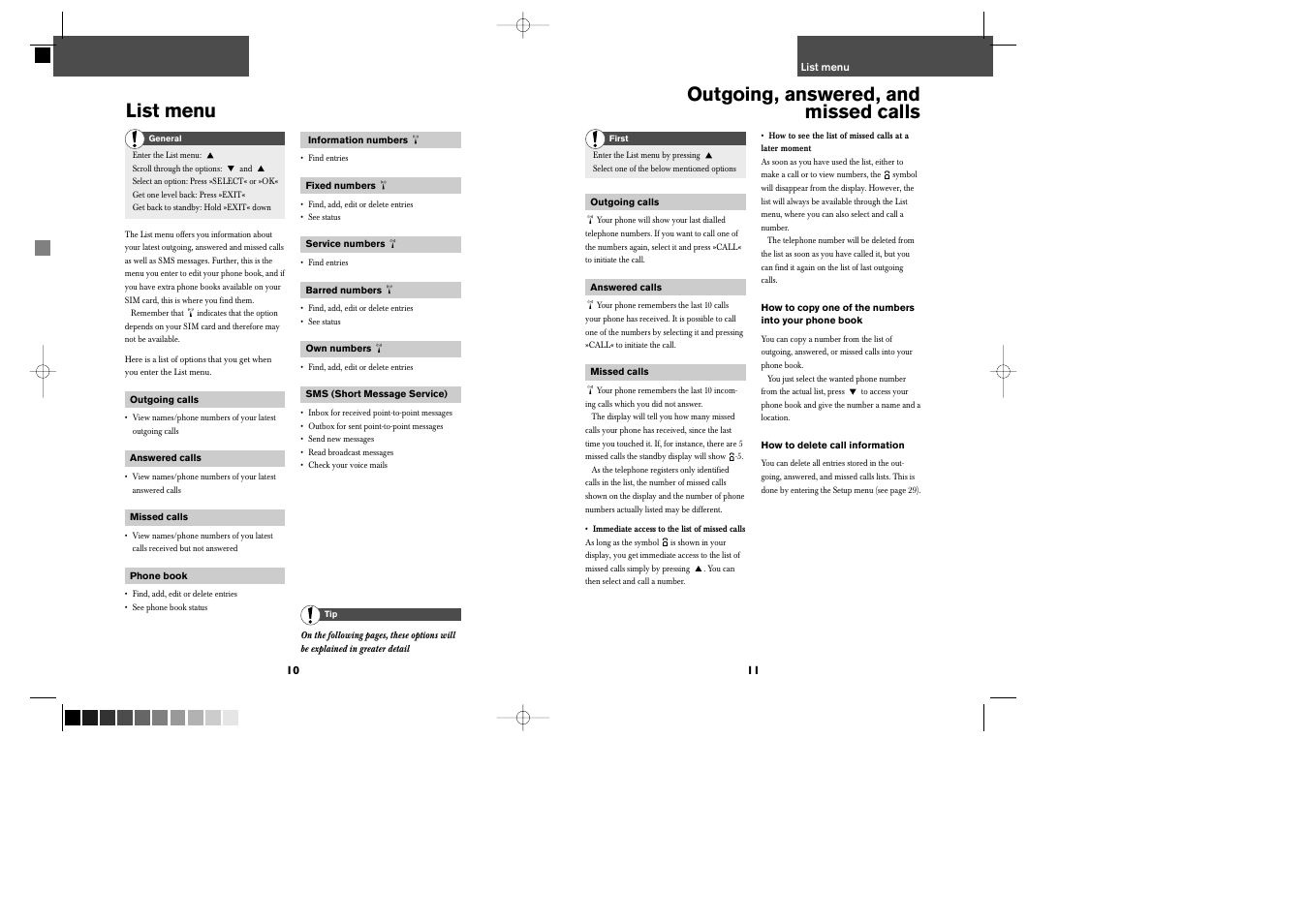 List menu, Outgoing, answered, and missed calls | Bosch GSM 509 User Manual | Page 7 / 22